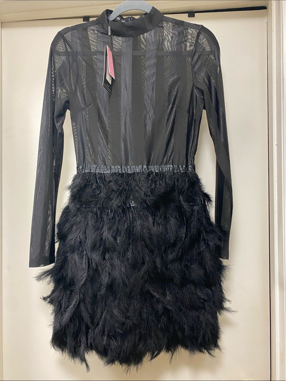 PrettyLittleThing Black Long Sleeve Feather Trim Mesh Dress